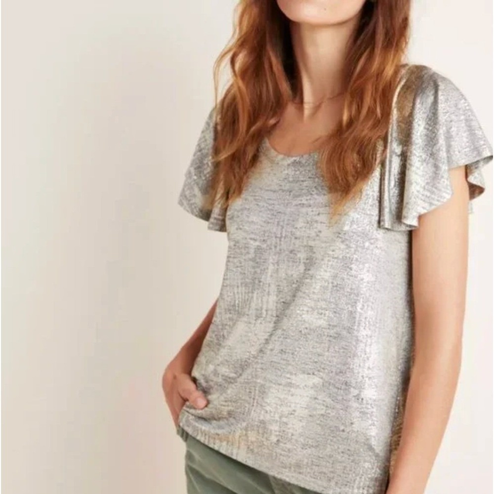 Anthropologie Tirana Gold Metallic Shimmer Boho Top Women's XS Flutter Sleeve